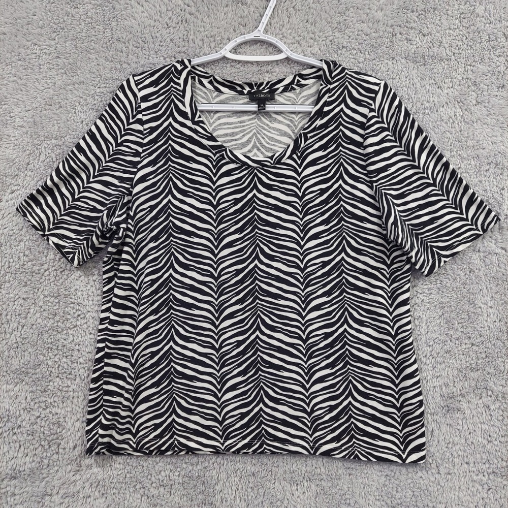 Talbots Top Women's XL Black White Zebra Print Short Sleeve Stretch Knit Blouse